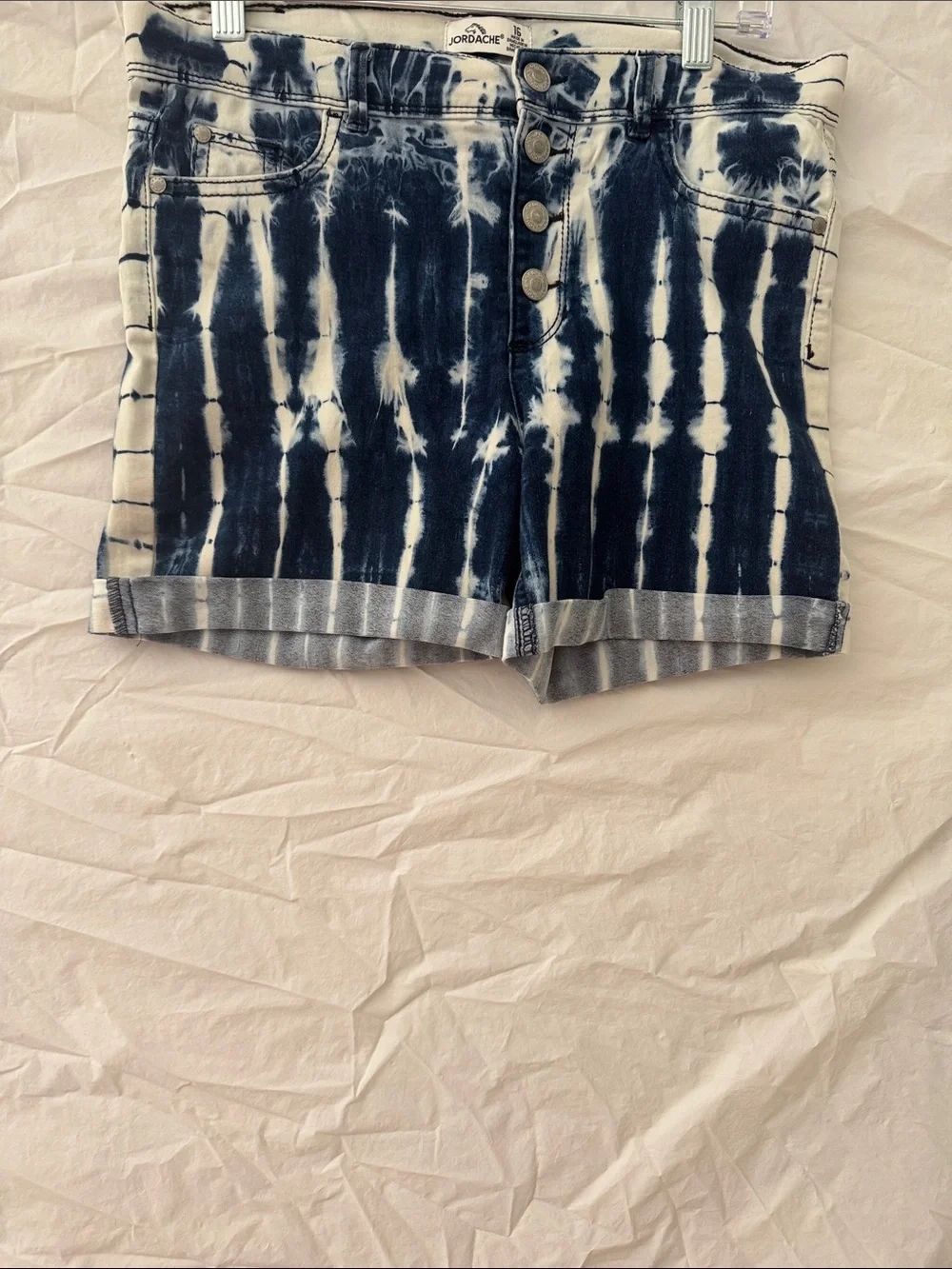 Jordache Navy and White Tie-Dye Button-Front Stretch Denim Shorts